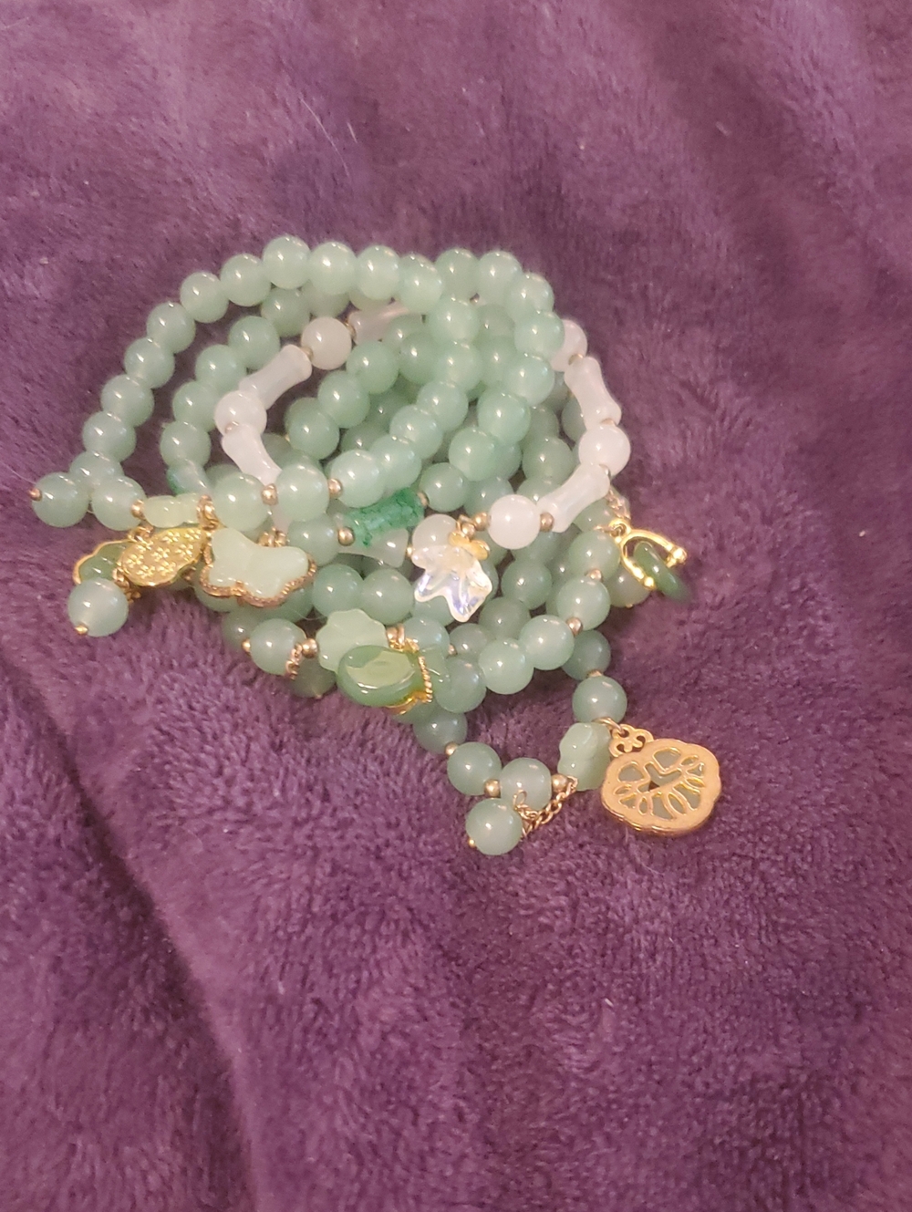 Green Beaded Charm Bracelet Stack - Gold Accents. New